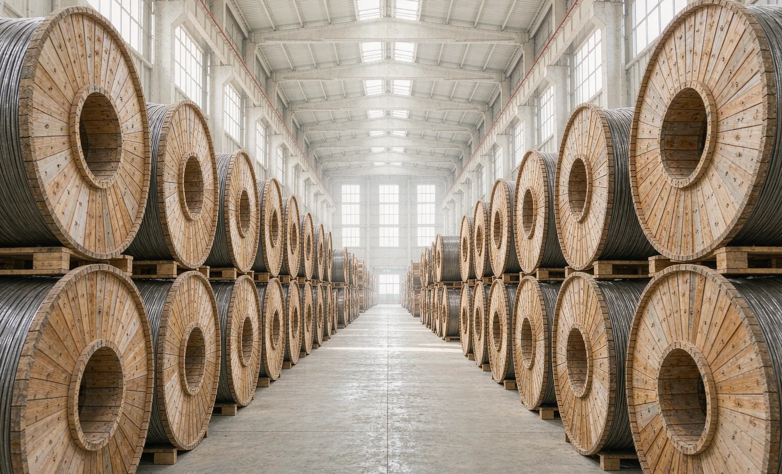 Finished cable drums stored in the bright Lulian warehouse
