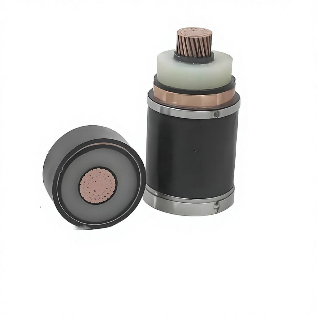 Single-core medium voltage XLPE cable construction: conductor, semicon layers, XLPE insulation, copper tape screen, armour and outer sheath