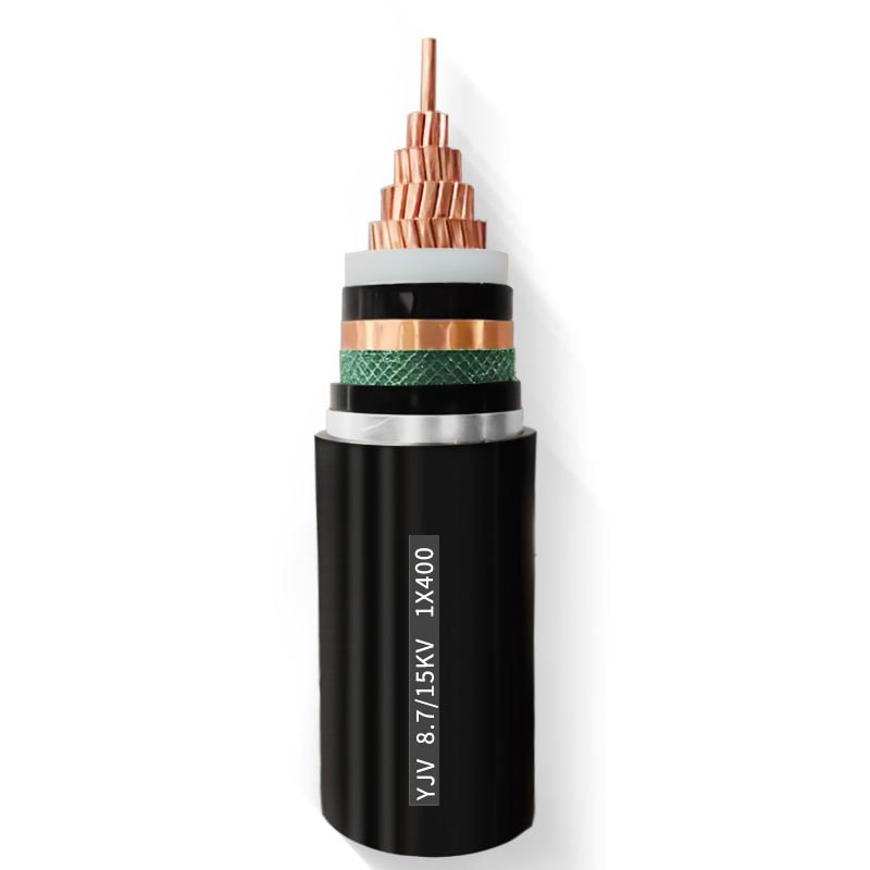 Cut-away sample of YJV 8.7/15 kV 1x400 mm2 XLPE power cable showing conductor, insulation and sheath layers
